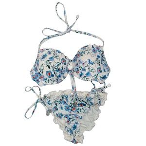 🤑 5/$25 H&M 2 Piece Halter Floral Print Blue & White String Bikini Swimsuit